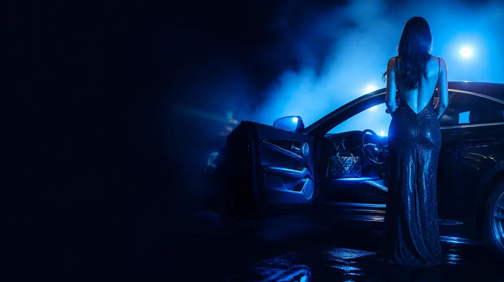 Chanel OnlyFans creators — woman in an evening gown beside a luxury car at night, a quilted handbag resting on the seat