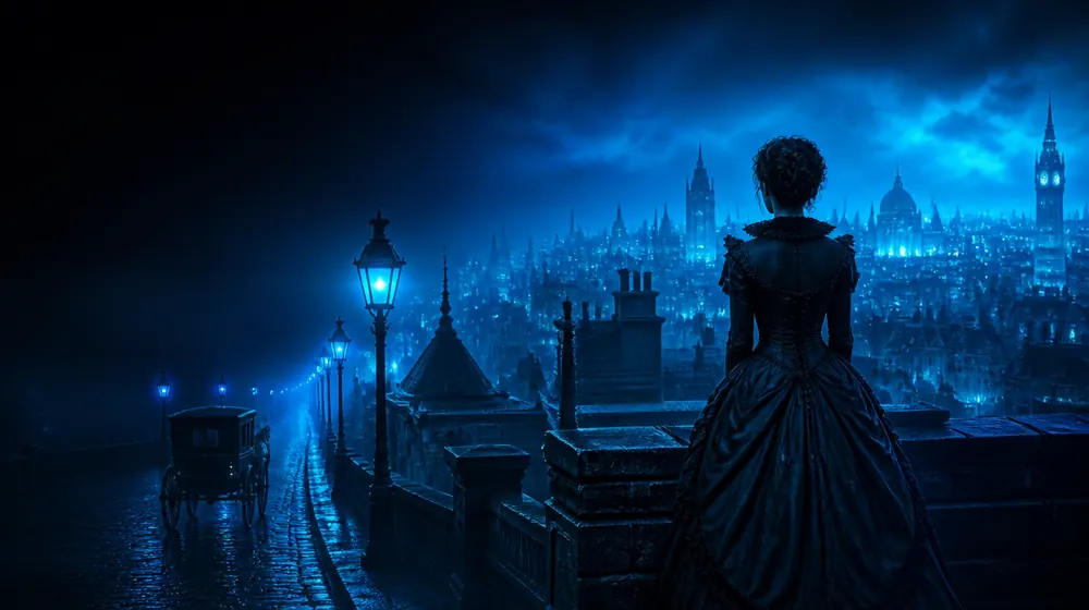 Charleston Metro OnlyFans creators — woman on a rooftop overlooking a glowing skyline, gas lanterns and a horse carriage on the cobbled lane
