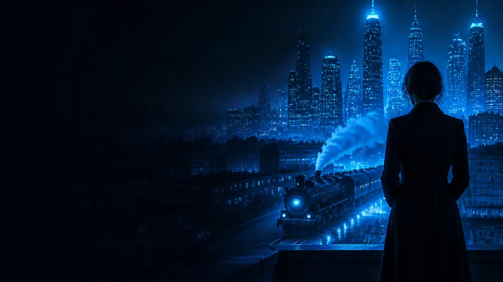 Chattanooga OnlyFans creators — woman on a rooftop overlooking a glowing skyline, a vintage steam locomotive at the terminal