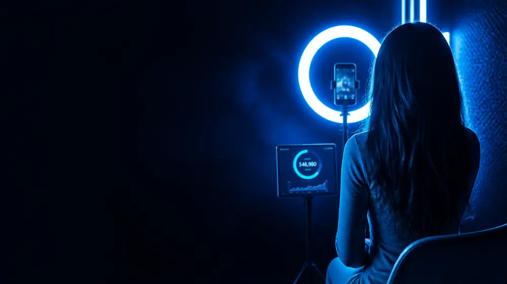 Chaturbate OnlyFans creators — creator filming with a glowing ring light and phone tripod, a token counter ticking on the screen