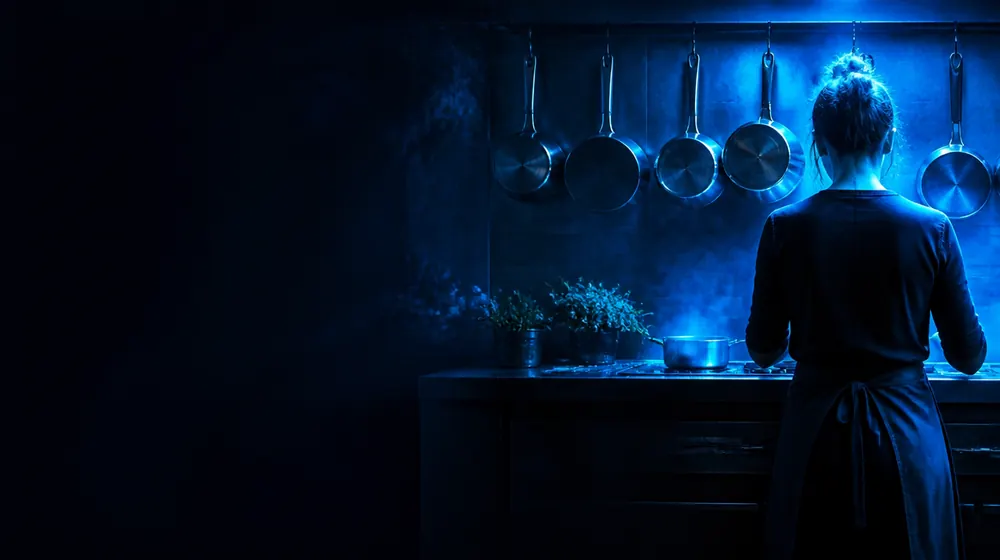 Chef OnlyFans creators — woman in an apron at a moody kitchen counter, copper pans hanging over the range