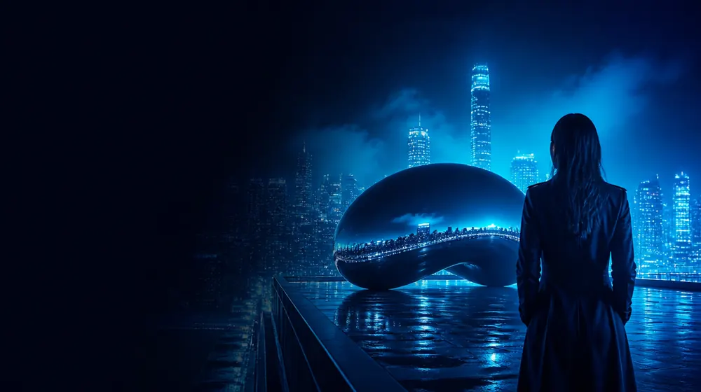 Chicago OnlyFans creators — woman on a rooftop overlooking a glowing skyline, a mirrored bean sculpture reflecting the skyline