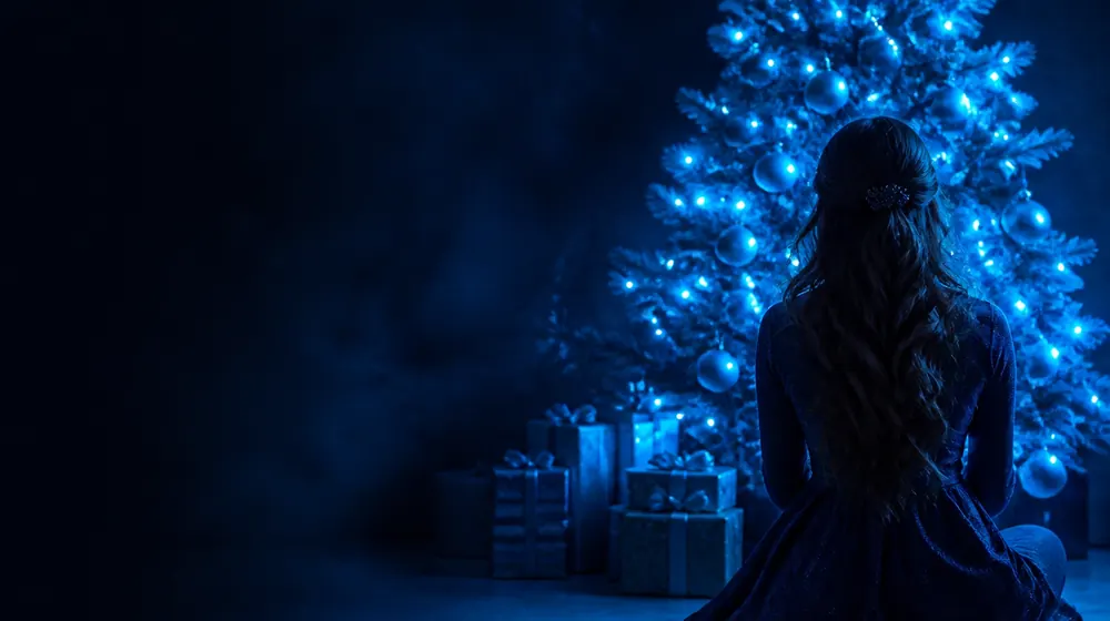Christmas OnlyFans creators — woman before a christmas tree strung with blue lights, wrapped gifts stacked beneath the tree