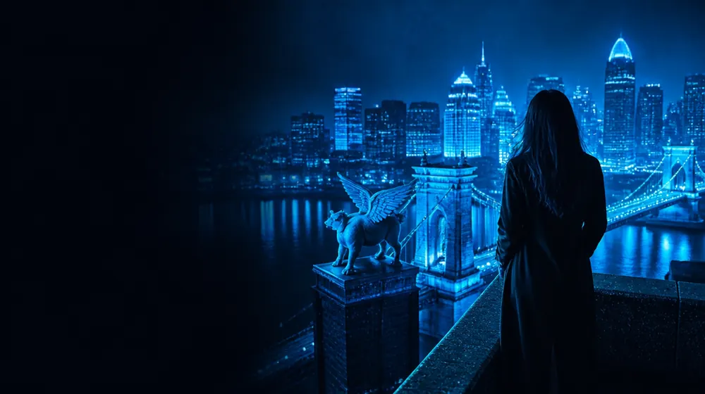 Cincinnati OnlyFans creators — woman on a rooftop overlooking a glowing skyline, a winged pig statue before the roebling bridge