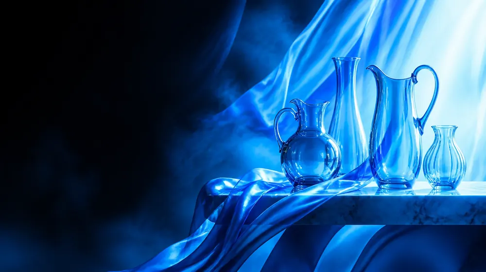 Cock Milking OnlyFans creators — silk fabric rippling in cool blue light, glass pitchers gleaming on the marble shelf