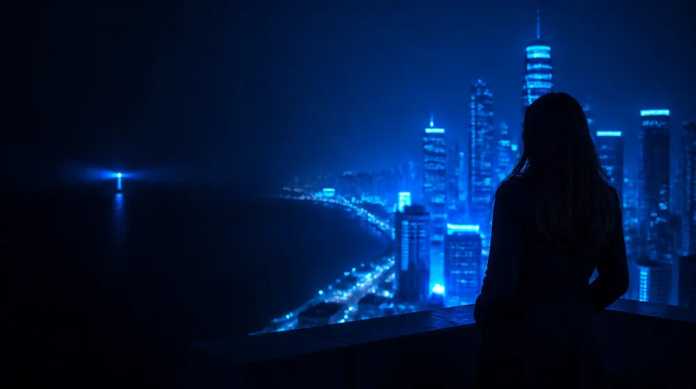 Connecticut OnlyFans creators — woman on a rooftop overlooking a glowing skyline, a lighthouse blinking across the bay