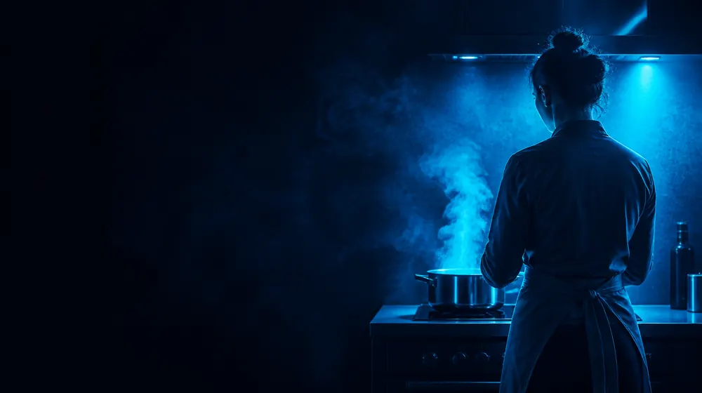 Cooking OnlyFans creators — woman in an apron at a moody kitchen counter, steam curling from the saucepan on the stove