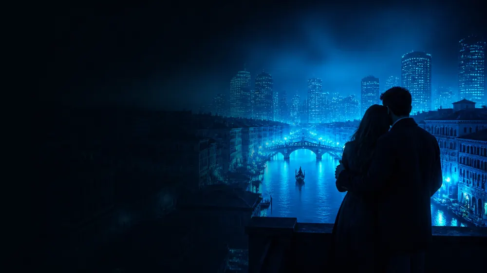 Coppia OnlyFans creators — couple embracing on a rooftop above a glowing city, a gondola gliding past the lantern bridge