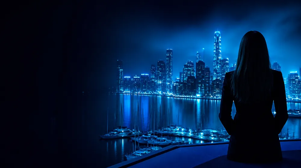 Corpus Christi OnlyFans creators — woman on a rooftop overlooking a glowing skyline, sailboats moored along the glowing bayfront