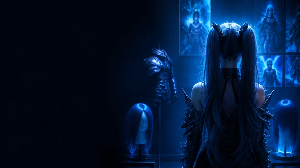 Cosplay OnlyFans creators — woman with twin-tail hair in a glowing poster-lined room, armor pieces and wigs on display stands