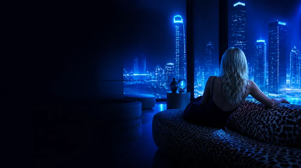 Cougar OnlyFans creators — elegant blonde woman in a penthouse above city lights, leopard-print cushions on the chaise