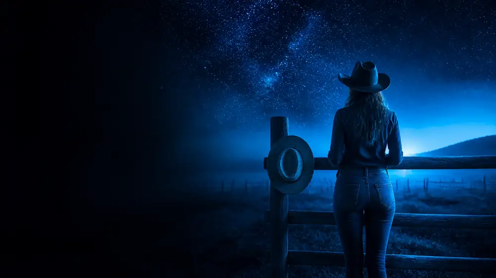 Country Girl OnlyFans creators — woman in a cowboy hat at a ranch fence under the stars, a straw hat hung on the fence post