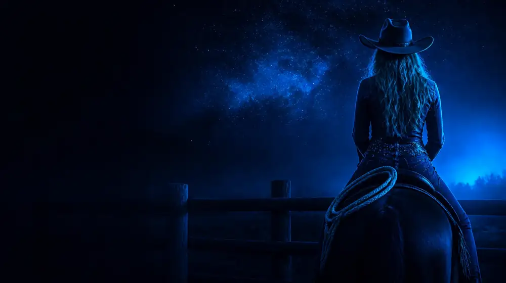 ครีเอเตอร์ OnlyFans หมวด Cowgirl — หญิงในหมวกคาวบอยที่รั้วฟาร์มปศุสัตว์ใต้แสงดาว เชือกบ่วงบาศขดอยู่บนโหนกอานม้า