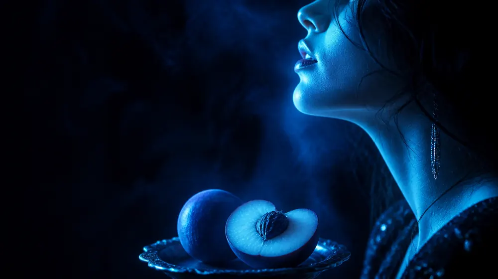 Cunnilingus OnlyFans creators — profile of parted lips in blue rim light, a peach sliced open on the silver tray