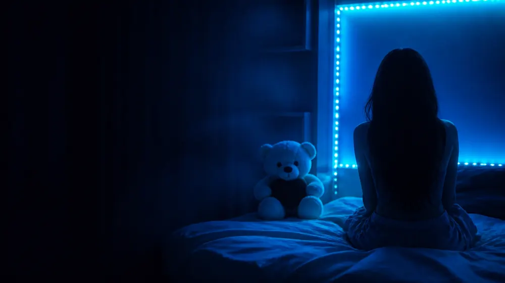 Cute OnlyFans creators — young woman in a bedroom lined with LED lights, a plush bear holding a heart on the bed