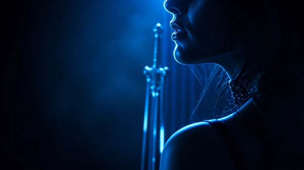 Deep Throating OnlyFans creators — profile of parted lips in blue rim light, a stage sword stand glinting in the wings