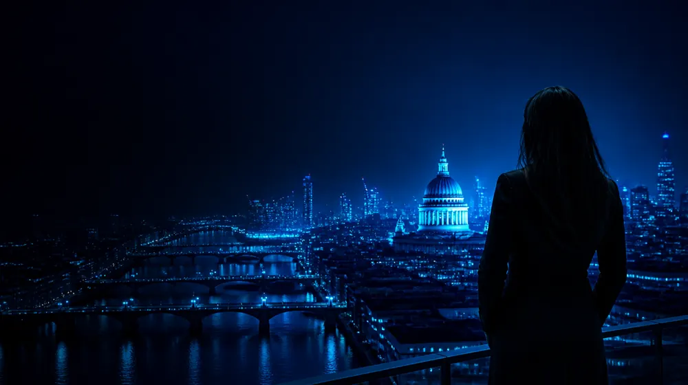 Des Moines OnlyFans creators — woman on a rooftop overlooking a glowing skyline, a gilded dome shining over the river bridges