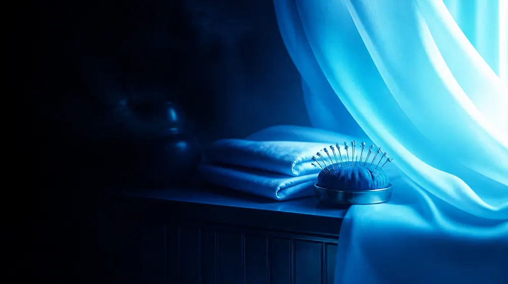Diaper OnlyFans creators — silk fabric rippling in cool blue light, folded linens and pins on the changing shelf