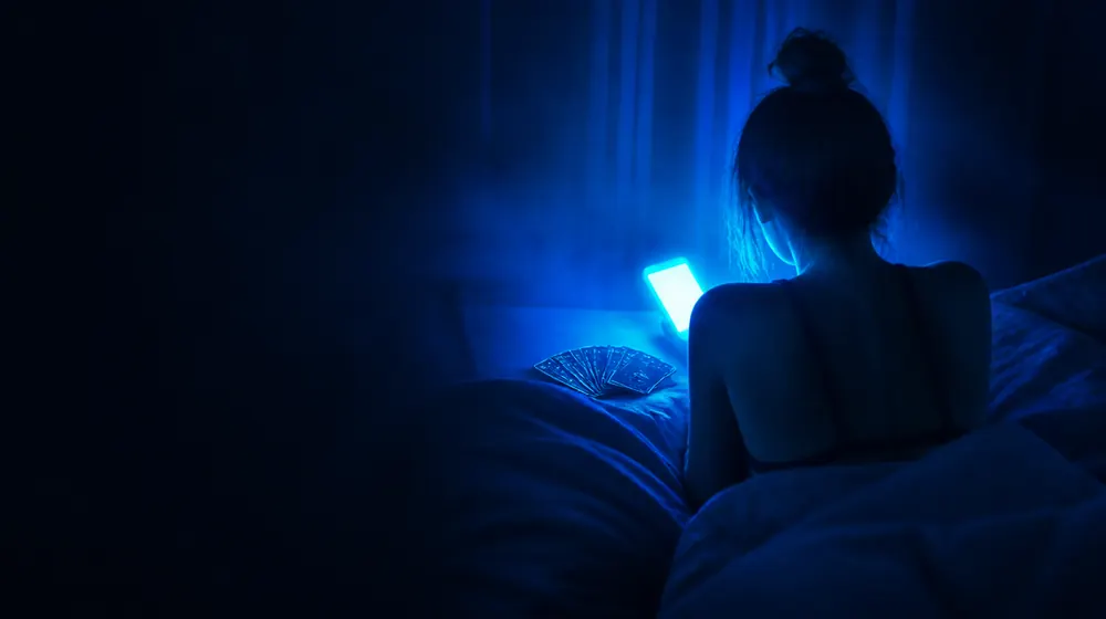 Dick Rating OnlyFans creators — woman on a bed lit by a smartphone glow, score cards fanned beside the phone