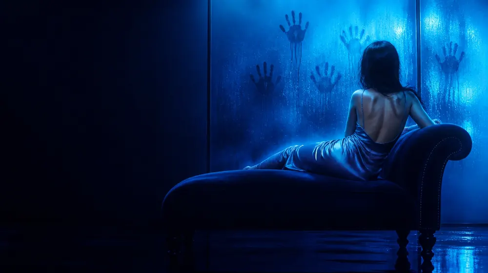 Dirtiest OnlyFans creators — woman in a silk slip dress reclining on a chaise longue, handprints smeared on the steamy glass