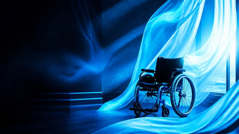 Disabled OnlyFans creators — silk fabric rippling in cool blue light, a sleek wheelchair by the window seat