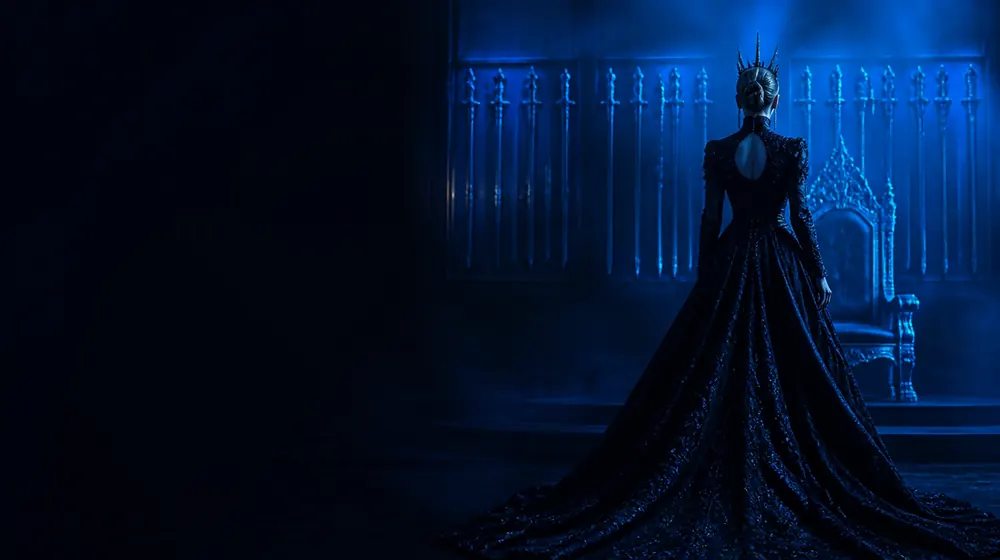 Dominatrix OnlyFans creators — woman in a black gown before a throne in blue light, a wall rack of crops and floggers displayed