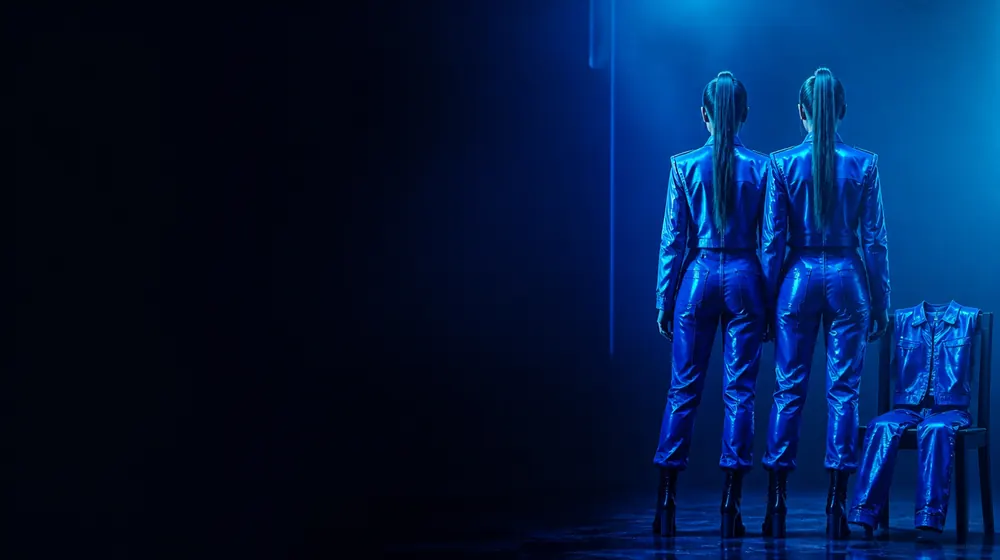 Doppelganger OnlyFans creators — two identical women side by side in neon light, a matching outfit laid out beside hers