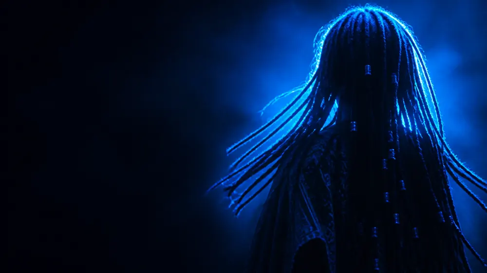 Dreadlocks OnlyFans creators — long flowing hair catching bright blue rim light, beaded dreadlocks swinging in the light