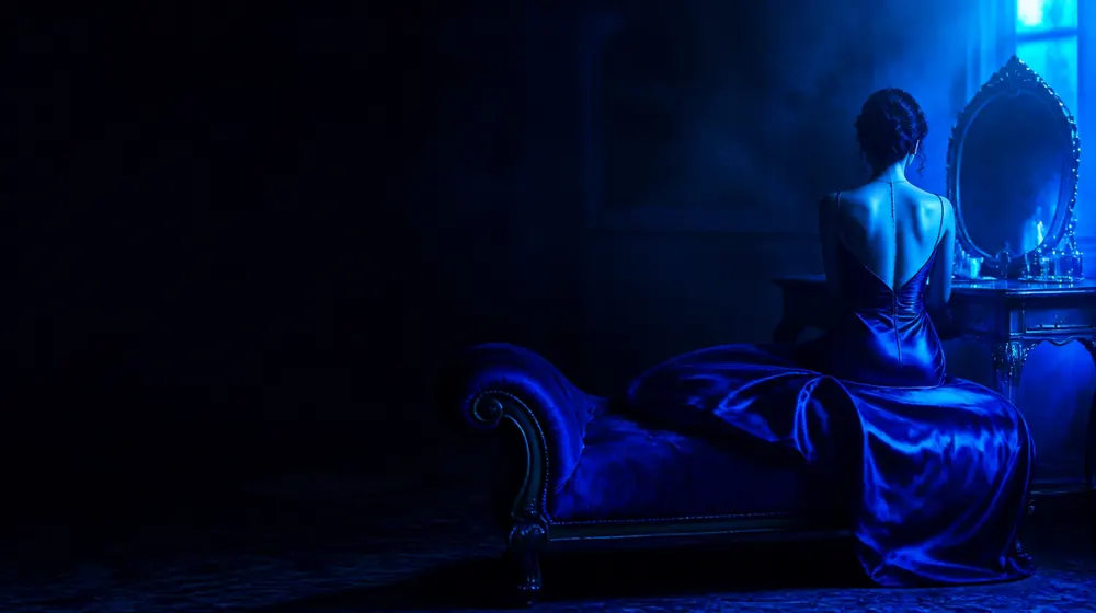 Dwarf OnlyFans creators — woman in a silk slip dress reclining on a chaise longue, a lowered vanity and petite silhouette