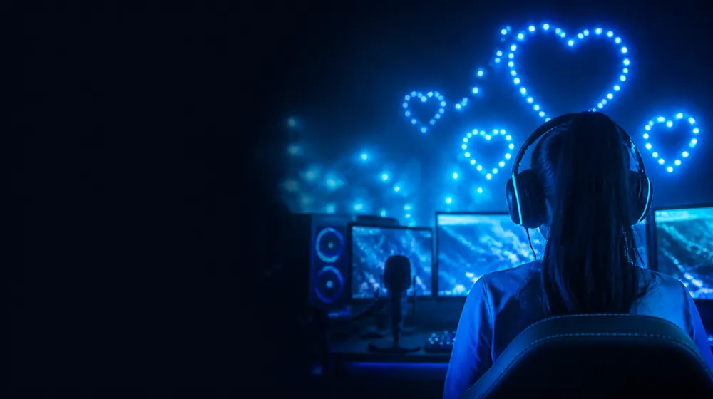 E Girl OnlyFans creators — woman with a headset at a glowing battlestation, led string hearts and a streaming setup