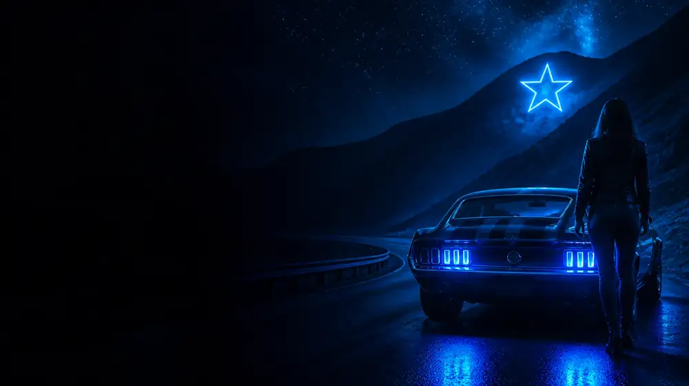 El Paso OnlyFans creators — woman beside a classic muscle car on a starlit highway, a glowing star emblem on the mountainside
