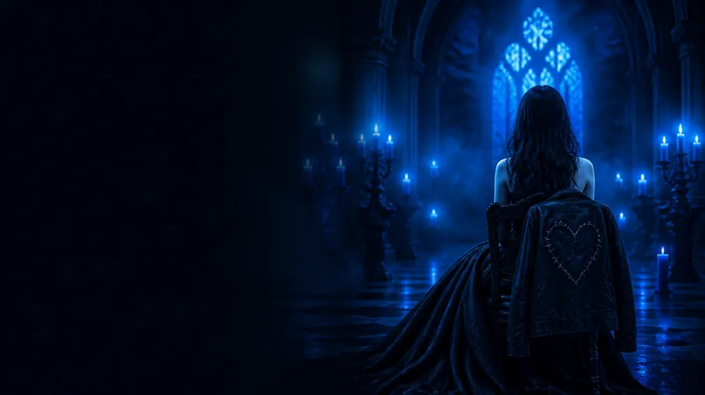 Emo OnlyFans creators — woman in a black gown in a candle-lit gothic hall, a stitched-heart patch jacket on the chair