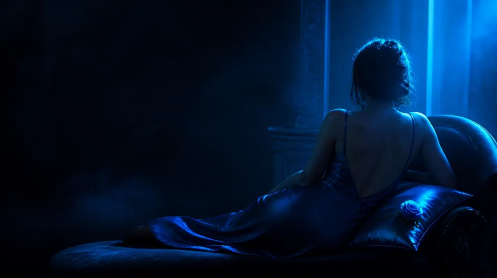 Erotic OnlyFans creators — woman in a silk slip dress reclining on a chaise longue, a single rose laid on the silk pillow