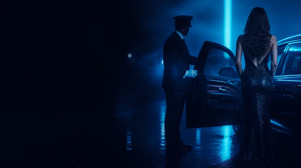 Escort OnlyFans creators — woman in an evening gown beside a luxury car at night, a chauffeured car door held open