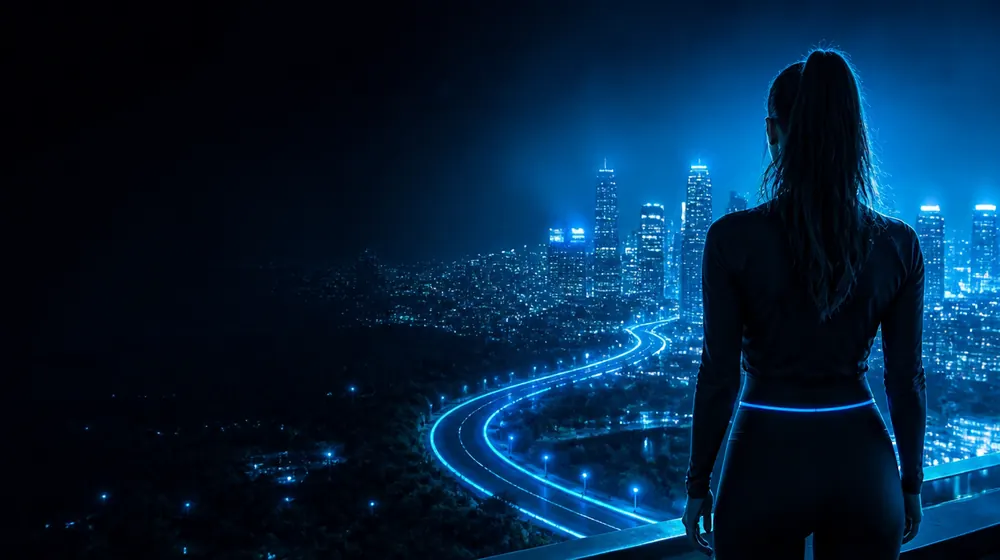 Eugene Oregon OnlyFans creators — woman on a rooftop overlooking a glowing skyline, a glowing running track curving through the park