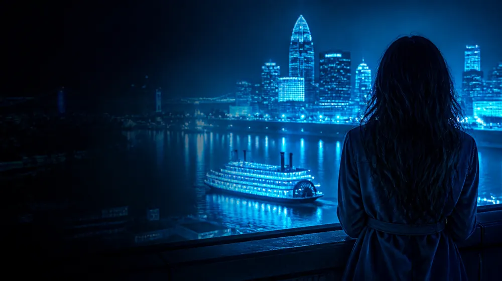 Evansville OnlyFans creators — woman on a rooftop overlooking a glowing skyline, a paddlewheel riverboat aglow on the ohio river