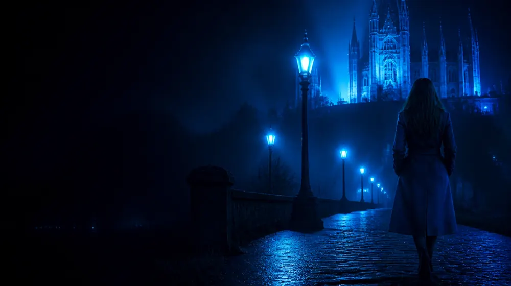 Exeter OnlyFans creators — woman in a long coat on a lantern-lit cobblestone street, a floodlit gothic cathedral above the green