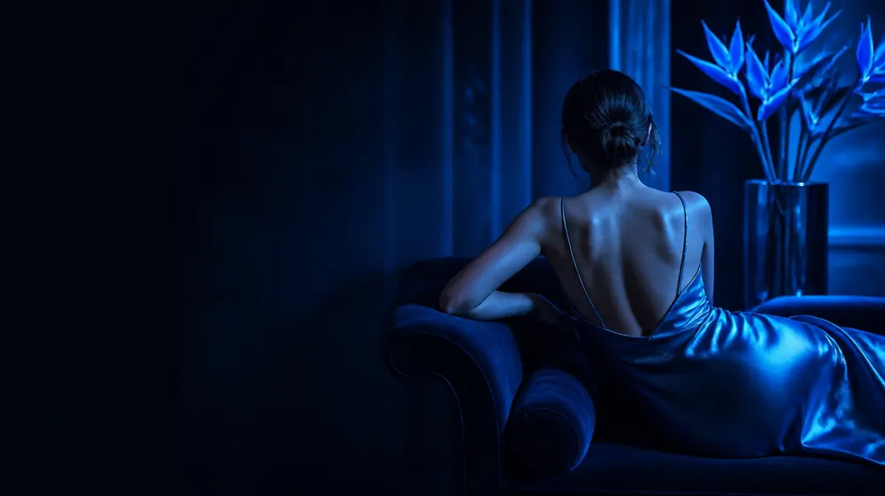 Exotic OnlyFans creators — woman in a silk slip dress reclining on a chaise longue, bird-of-paradise blooms in the lobby vase