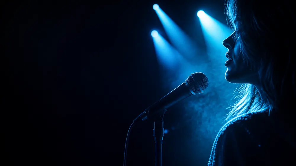 Face Fucking OnlyFans creators — profile of parted lips in blue rim light, stage lights framing the mic stand