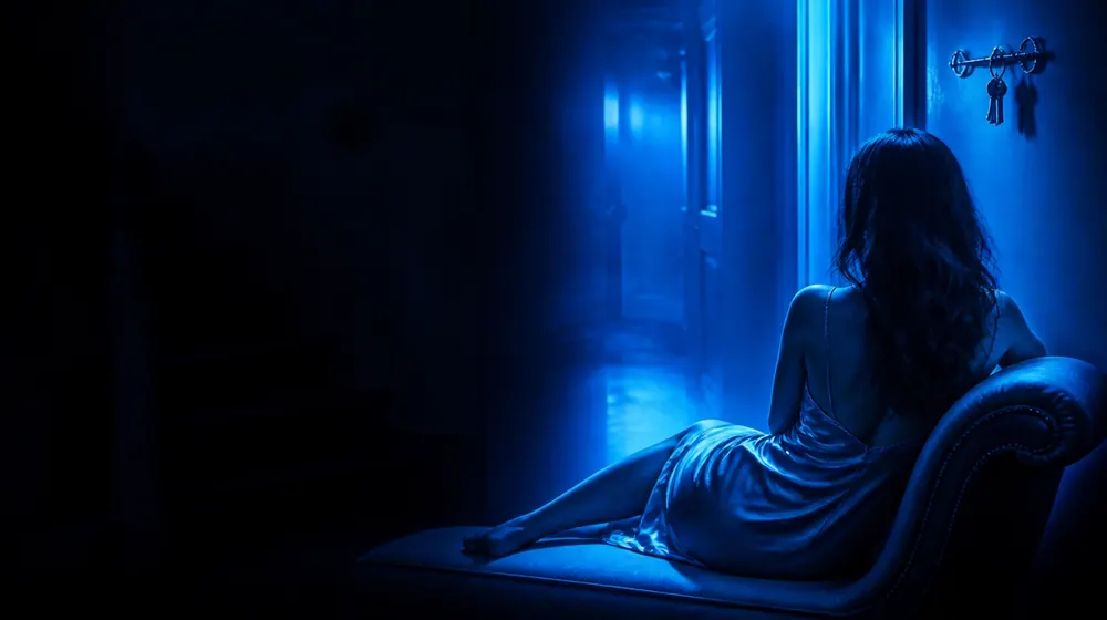 Family OnlyFans creators — woman in a silk slip dress reclining on a chaise longue, spare house keys on the hallway hook