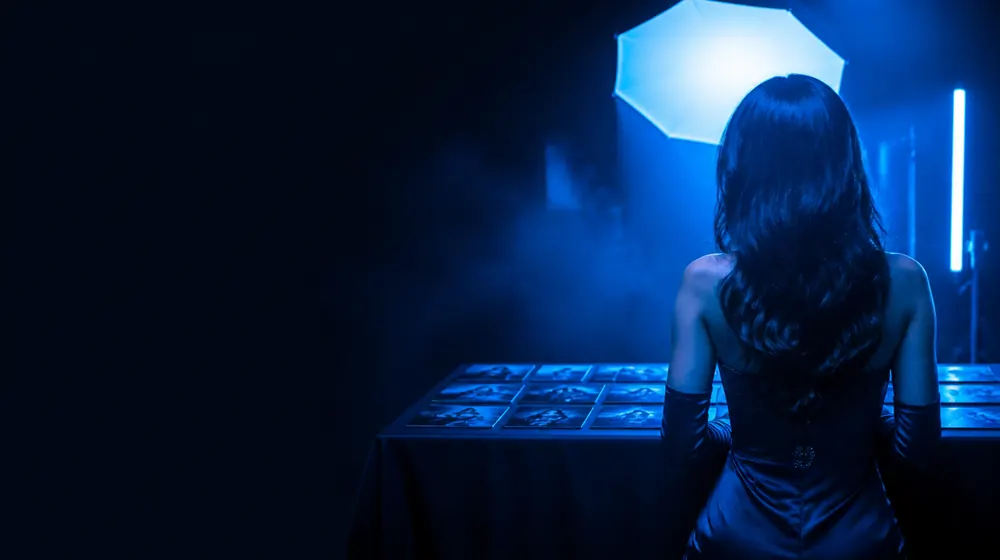 Fan Meeting OnlyFans creators — woman posing under glowing softbox studio lights, a table of photo cards ready for signing