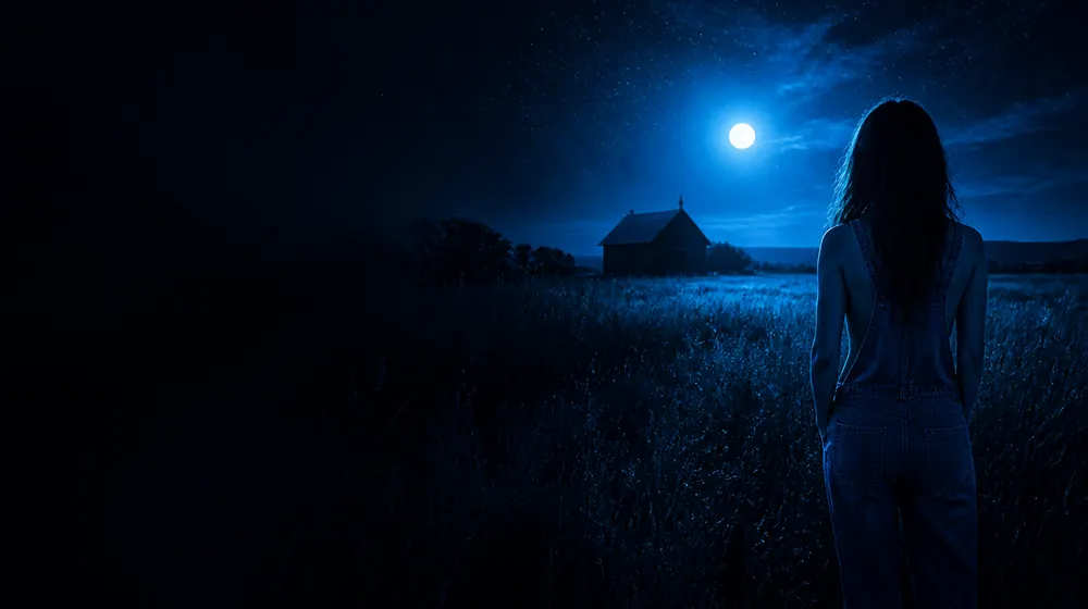 Farm Girl OnlyFans creators — woman in denim overalls at a barn under a starry sky