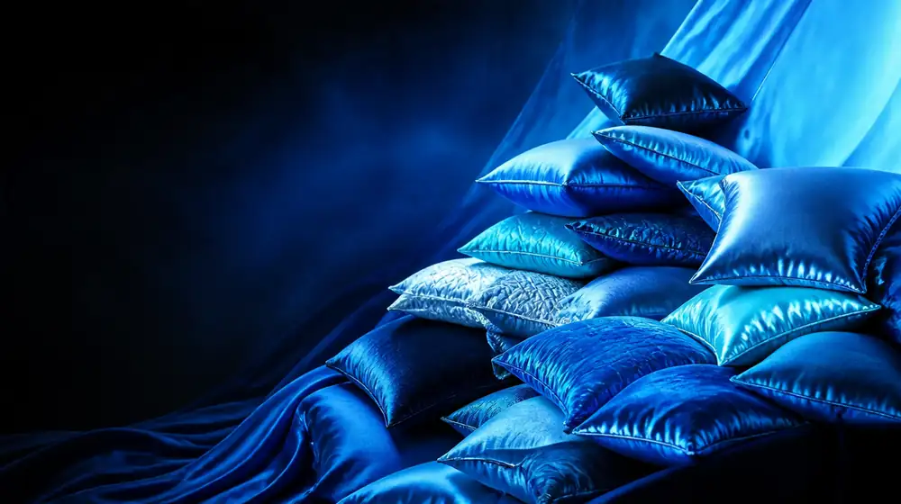 Fart OnlyFans creators — silk fabric rippling in cool blue light, a satin cushion collection piled high