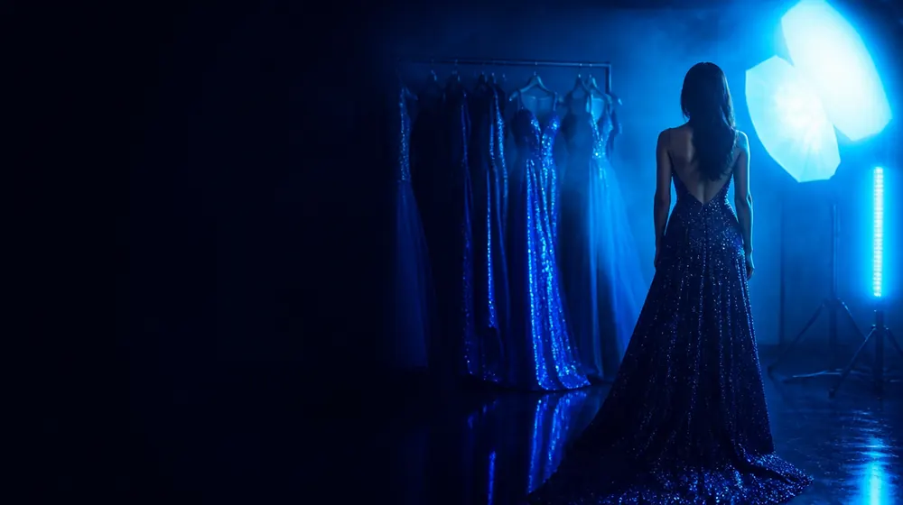 Fashion Model OnlyFans creators — woman posing under glowing softbox studio lights, a rack of couture gowns behind her