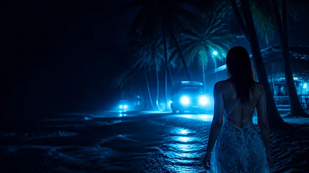 Filipina OnlyFans creators — woman on a tropical beach at night, jeepney headlights weaving the palm street