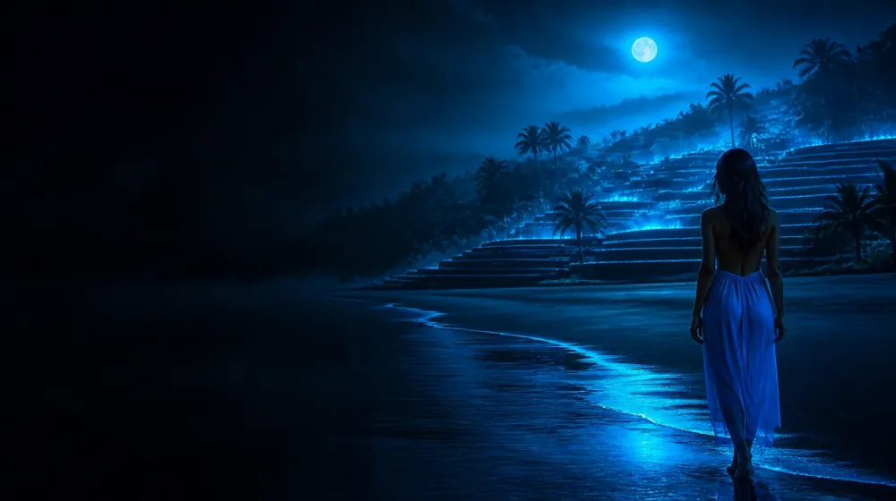 Filipino OnlyFans creators — woman on a tropical beach at night, rice terraces stepping up the moonlit hills