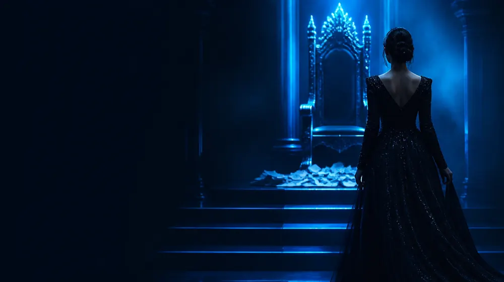 Findom OnlyFans creators — woman in a black gown before a throne in blue light, tribute envelopes fanned on the throne step