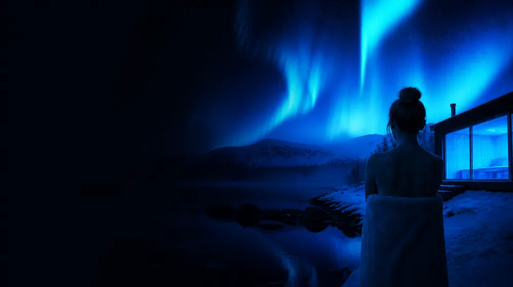 Finnish OnlyFans creators — woman beneath aurora lights over a snowy ridge, a lakeside sauna cabin glowing warm blue