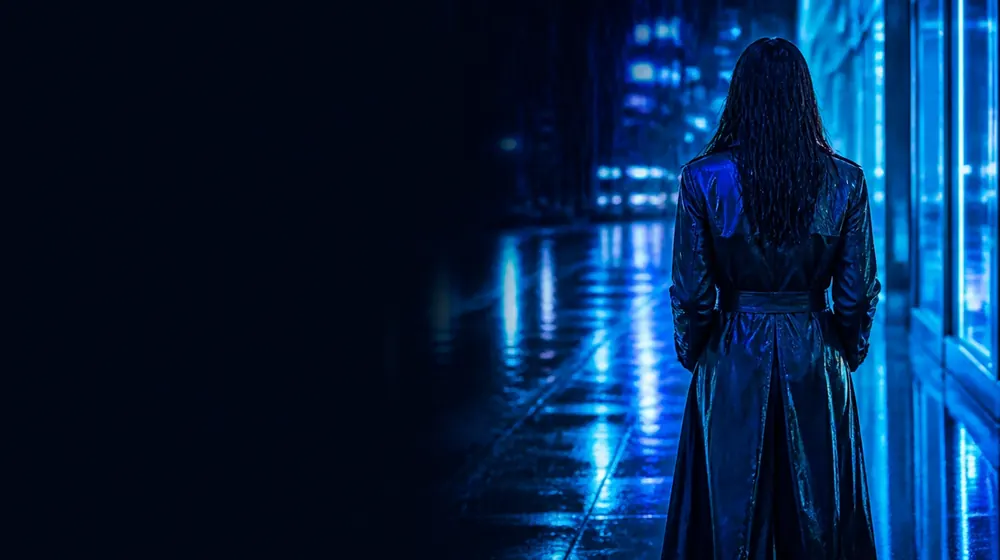 Flashing OnlyFans creators — woman in a trench coat on a rainy neon street
