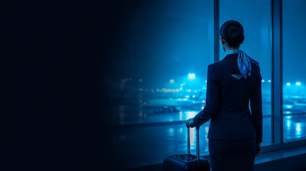 Flight Attendant OnlyFans creators — woman with a suitcase at an airport window at night, a neck scarf and wing brooch on the uniform